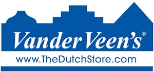 A blue silhouette of a dutch style roofline, with the text "Vander Veen’s www.TheDutchStore.com"